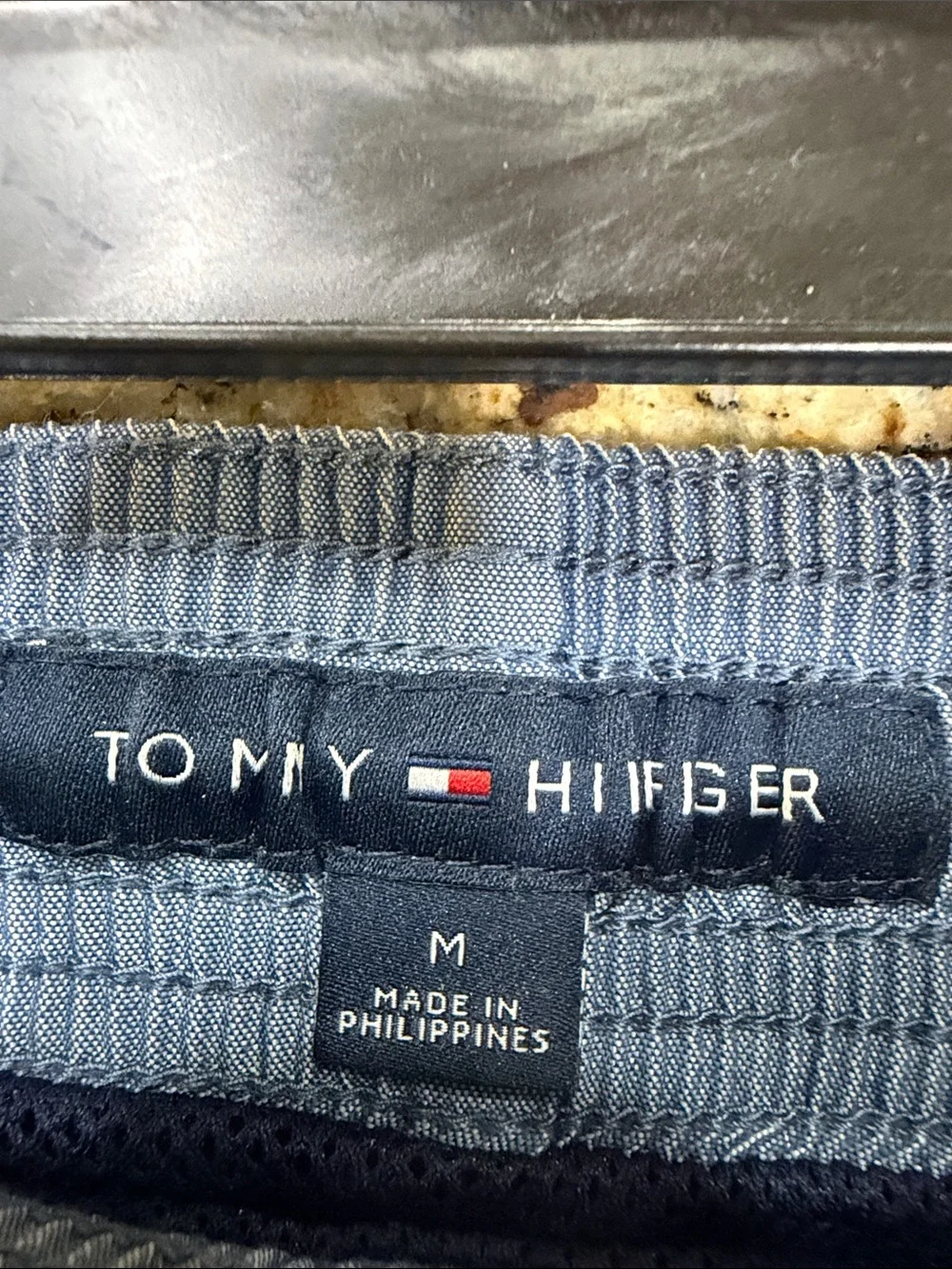 Tommy Hilfiger Men’s Blue Swim Trunks with Red & White Diagonal Stripe